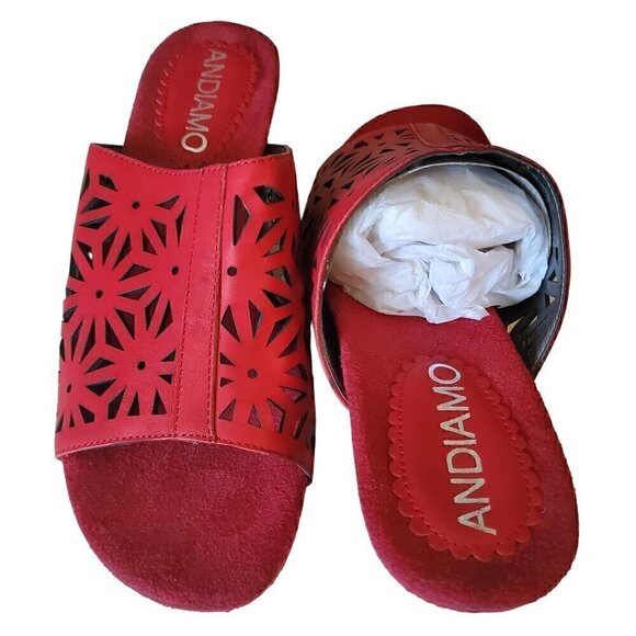 Andiamo Red Daisy Sandal Wedges, Woman's Red Leather Wedges - Picture 3 of 4